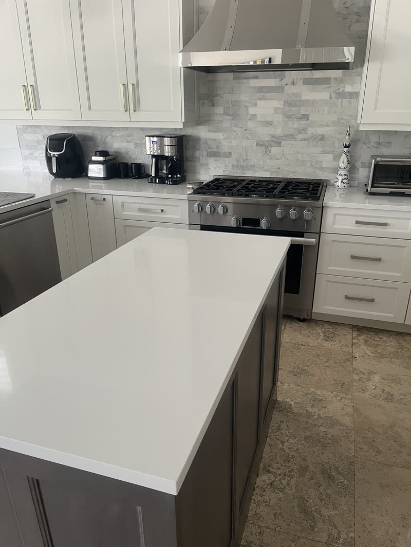 Kitchen island and range after a deep clean