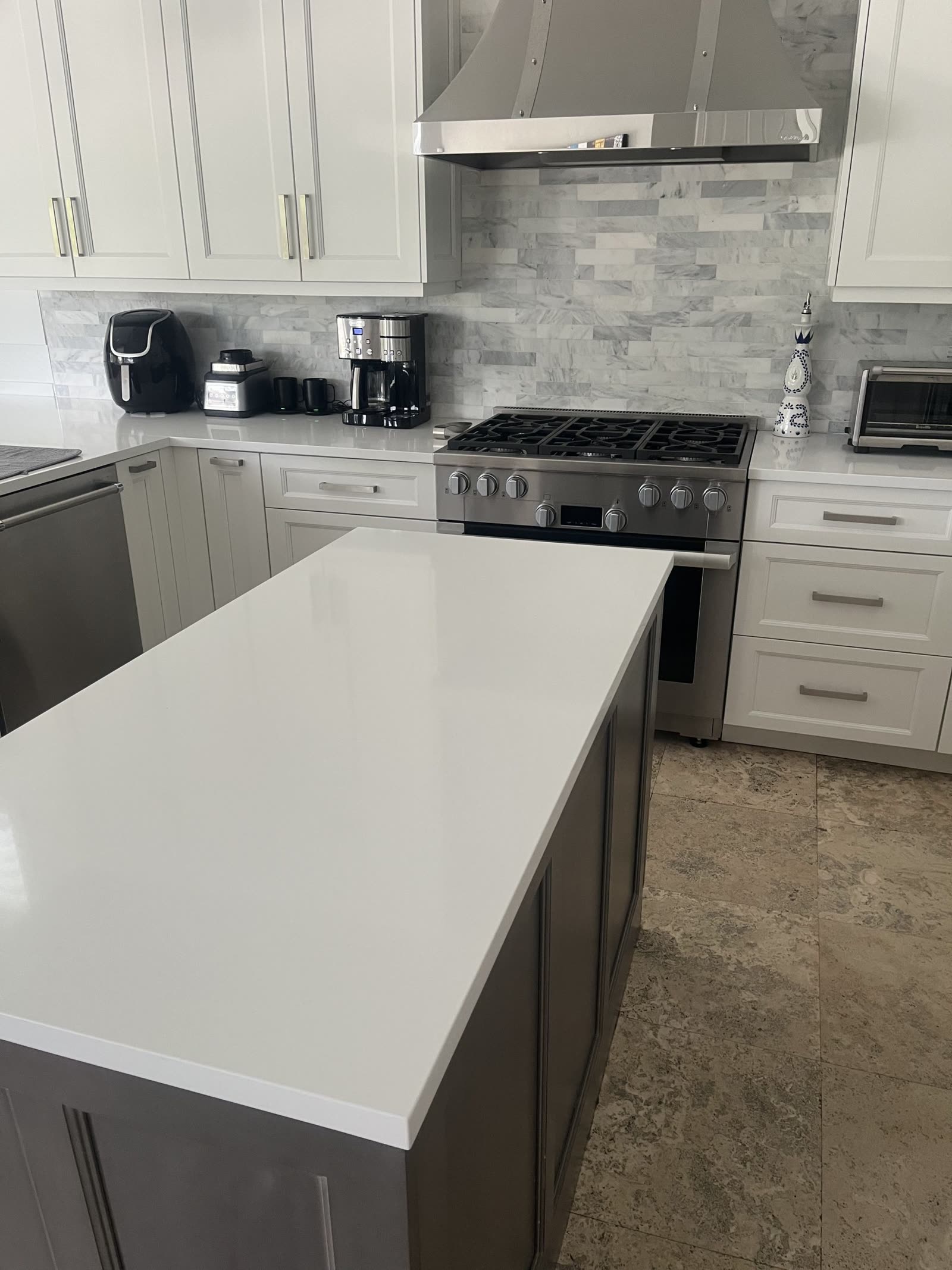 Kitchen island and range after a deep clean